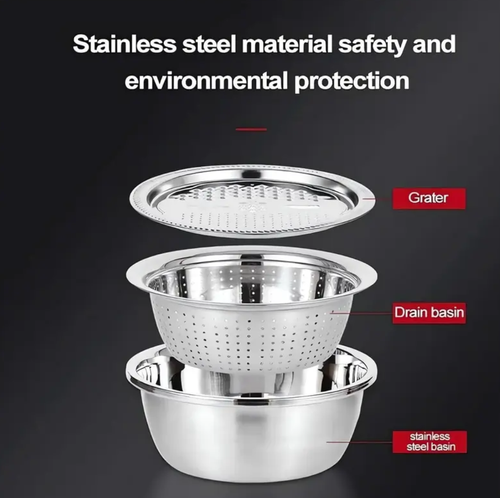 ✨3 Pieces&Stainless Steel Multi-Functional Bowl Set Multifunctional 3-in-1 Stainless Steel Kitchen Bowl Set – Colander, Strainer, Grater & Salad Maker, 9.45-inch