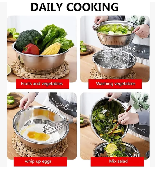 3 Pieces&Stainless Steel Multi-Functional Bowl Set Multifunctional 3-in-1 Stainless Steel Kitchen Bowl Set – Colander, Strainer, Grater