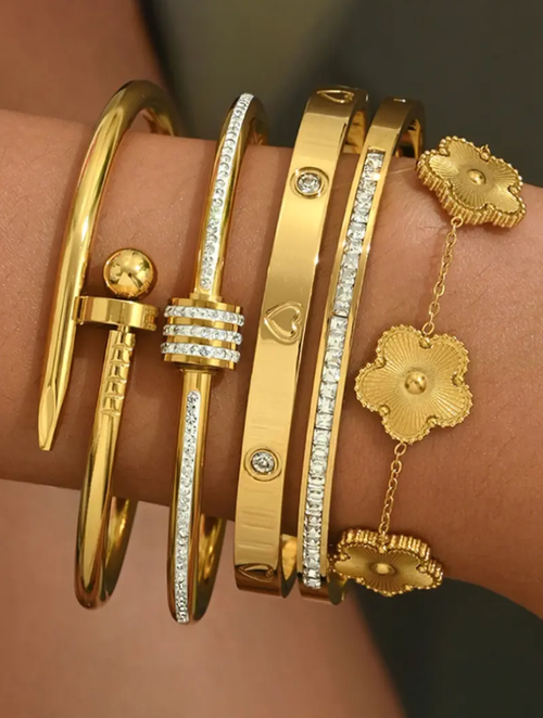 ✨5-Piece Fashion Stainless Steel Bracelet Set, Rhinestone Bangle Bracelet, Rhinestone Stud Design, Perfect Christmas Holiday Gift Idea
