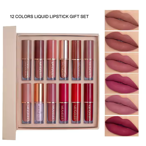 💄Conjunto de 12 cores de batom líquido nude, mate, pérola, impermeável, antiaderente, não desbota, gloss labial rosa, conjunto de batom vermelho para mulher, conjunto de estilo de livro de maquilhagem, presente👩‍🦰✨