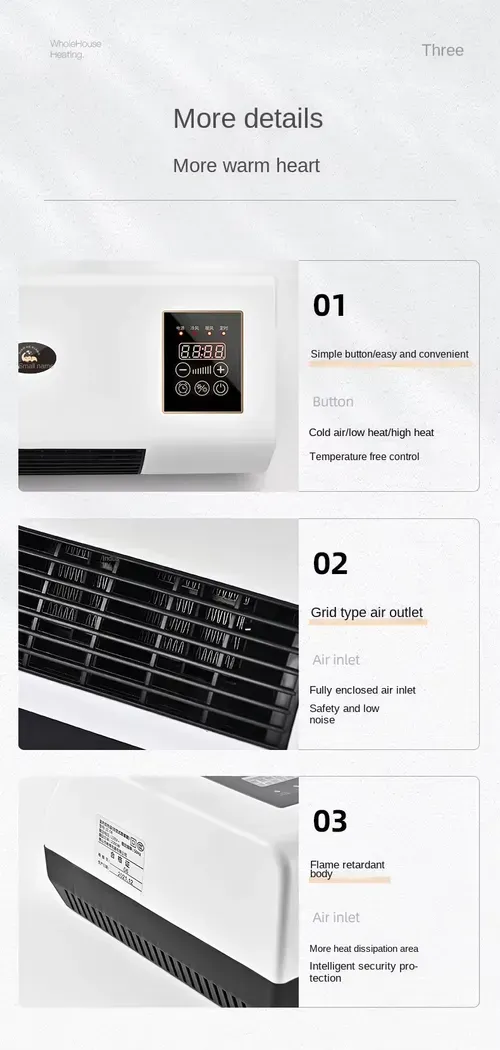 Aquecedor elétrico de parede de dupla função de 1800 W: soprador de ar frio e quente e aquecedor de quarto.