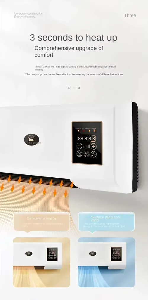 Aquecedor elétrico de parede de dupla função de 1800 W: soprador de ar frio e quente e aquecedor de quarto.