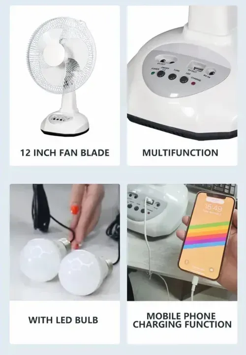 Novo ventilador recarregável com painel solar, porto USB, luz LED