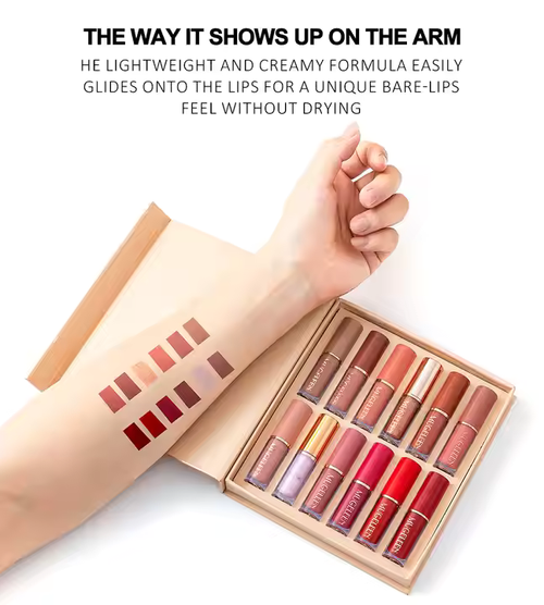 💄Conjunto de 12 cores de batom líquido nude, mate, pérola, impermeável, antiaderente, não desbota, gloss labial rosa, conjunto de batom vermelho para mulher, conjunto de estilo de livro de maquilhagem, presente👩‍🦰✨