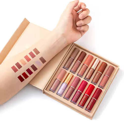 💄Conjunto de 12 cores de batom líquido nude, mate, pérola, impermeável, antiaderente, não desbota, gloss labial rosa, conjunto de batom vermelho para mulher, conjunto de estilo de livro de maquilhagem, presente👩‍🦰✨