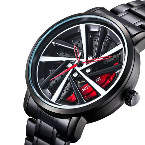 Men's skeletonized rotating watch with wheel hub motorcycle design