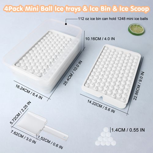 Four mini round ice cube trays, 104 compartments, homemade ice cube molds, plastic with lid and box.