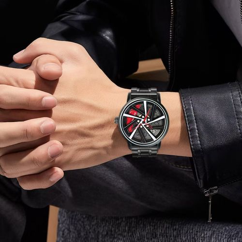 Men's skeletonized rotating watch with wheel hub motorcycle design
