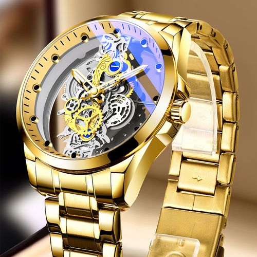 Luxury Gold Double sided transparent Stainless Steel Watch Case Automatic Waterproof Quartz Watches for Man relojes hombre Wristwatch Men Clock