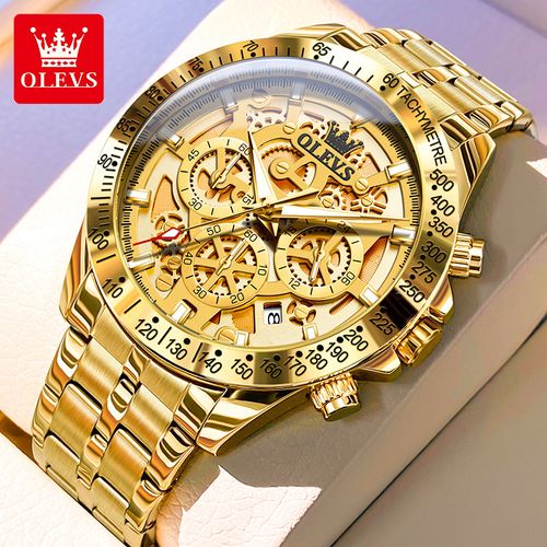 OLEVS 9913 Luxury Brand Full Skeleton Stainless Steel Gold Men's Watch Chronograph Wristwatch Waterproof Luminous Quartz Watches