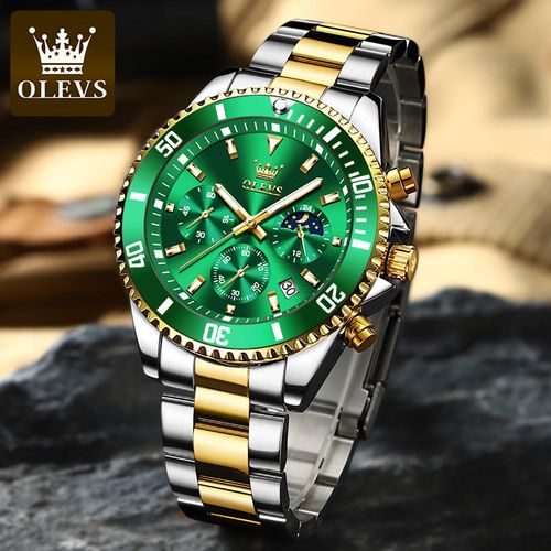 OLEVS 2870 luxury green gents quartz watch Stainless steel band water proof Multi function character sports wristwatch