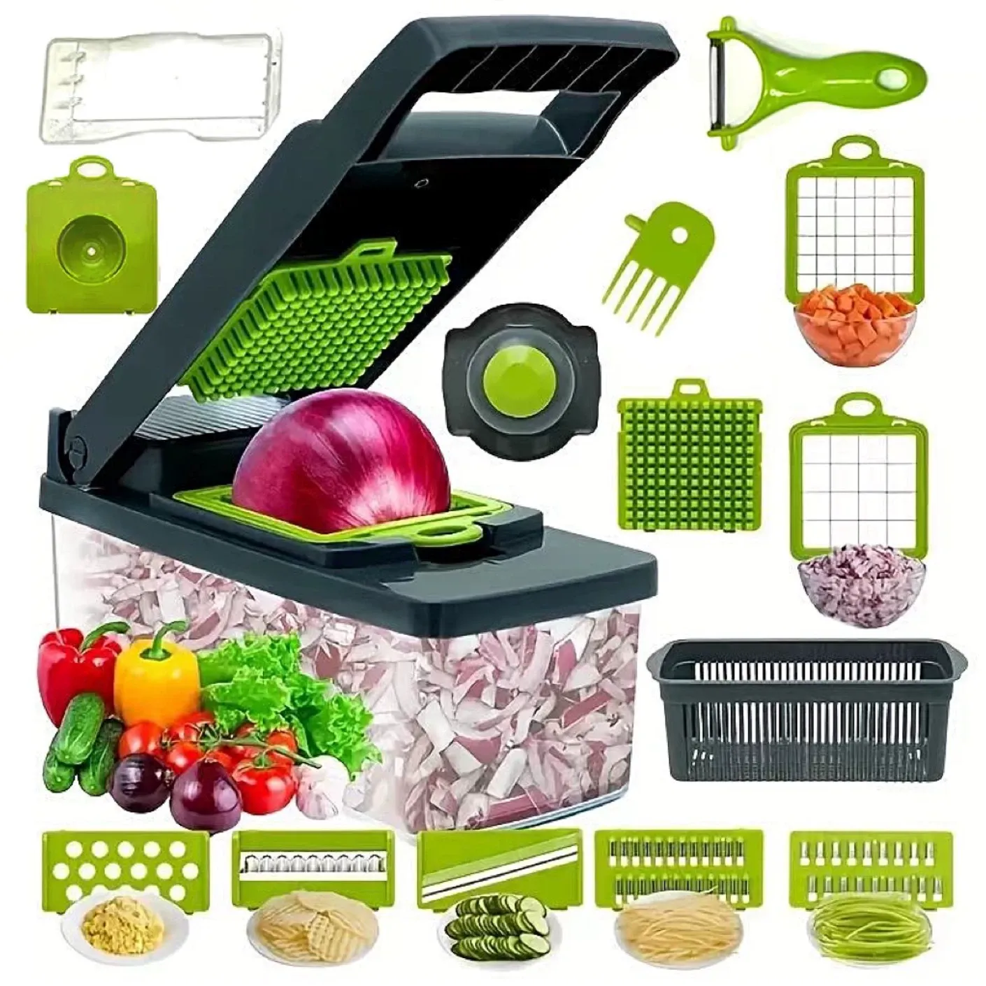 16 in 1 Food Dicer Onion Veggie Chopper Mandoline,Kitchen Fruits Slicer Manual Multifunctional Vegetable Cutter