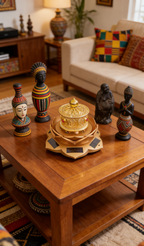 A solar-powered, lotus-shaped base with a golden prayer wheel (each rotation represents a blessing).