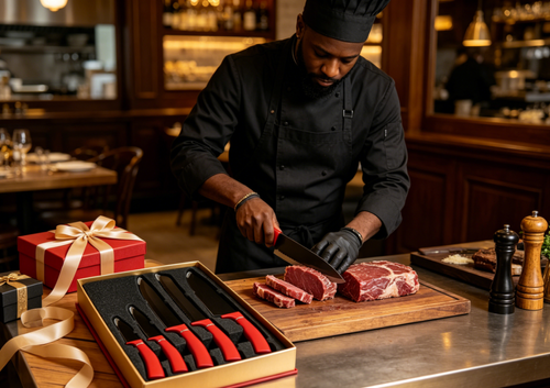 Five-Piece Red-Handle Black-Blade Knife Set