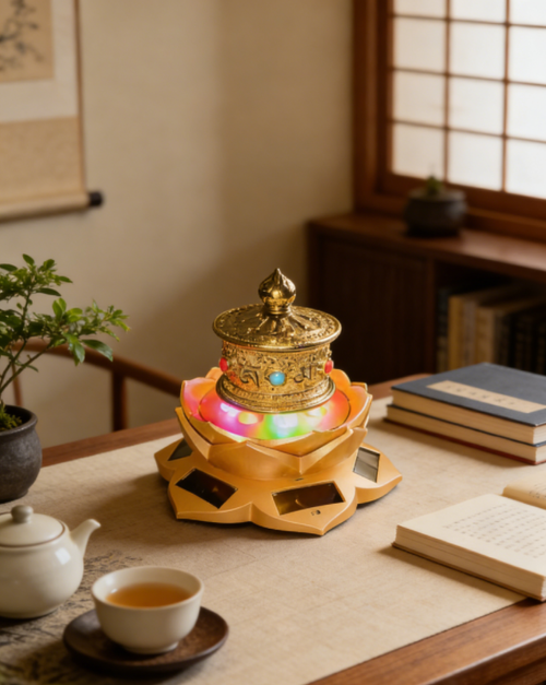 A solar-powered, lotus-shaped base with a golden prayer wheel (each rotation represents a blessing).
