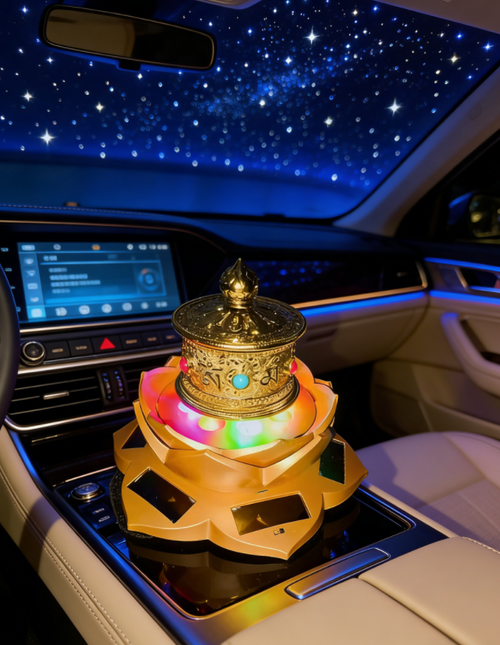 A solar-powered, lotus-shaped base with a golden prayer wheel (each rotation represents a blessing).