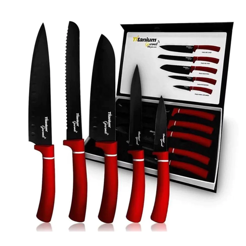 Five-Piece Red-Handle Black-Blade Knife Set