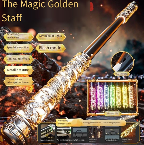 Voice-activated, light-up, and automatically retractable Golden Staff (magic wand)