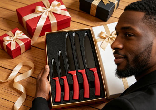 Five-Piece Red-Handle Black-Blade Knife Set