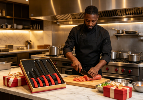 Five-Piece Red-Handle Black-Blade Knife Set