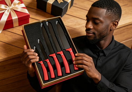 Five-Piece Red-Handle Black-Blade Knife Set
