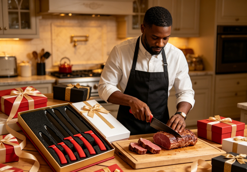 Five-Piece Red-Handle Black-Blade Knife Set