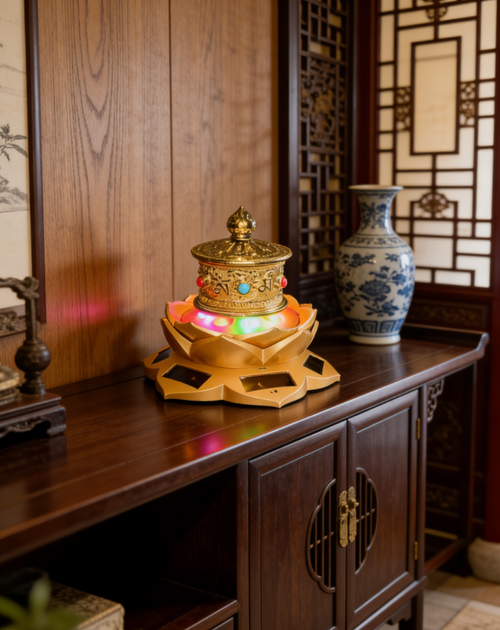 A solar-powered, lotus-shaped base with a golden prayer wheel (each rotation represents a blessing).