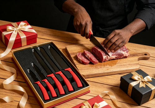 Five-Piece Red-Handle Black-Blade Knife Set