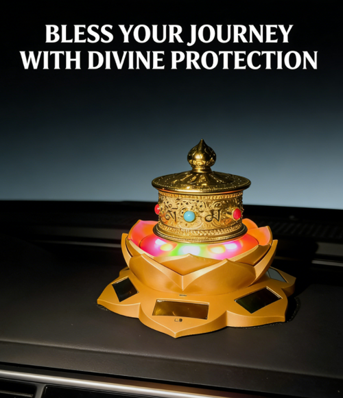 A solar-powered, lotus-shaped base with a golden prayer wheel (each rotation represents a blessing).