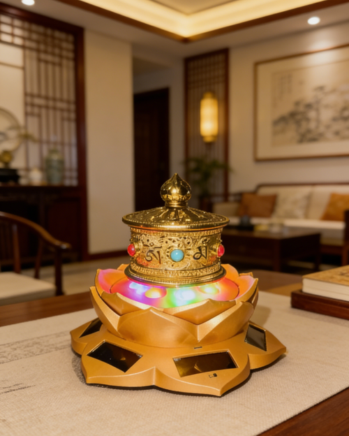 A solar-powered, lotus-shaped base with a golden prayer wheel (each rotation represents a blessing).