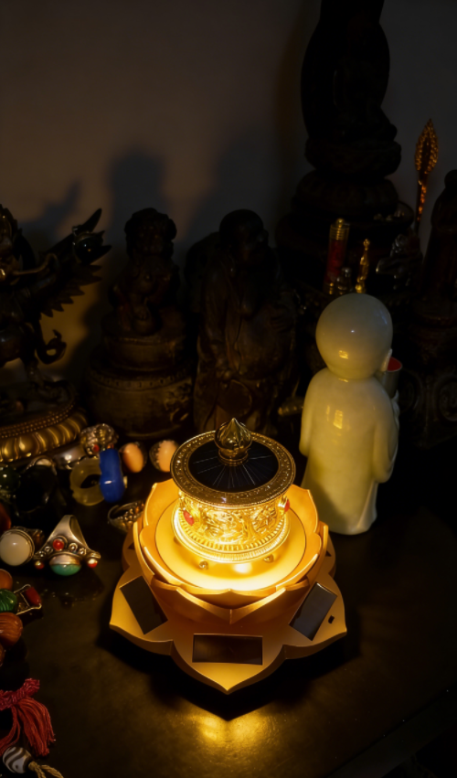 A solar-powered, lotus-shaped base with a golden prayer wheel (each rotation represents a blessing).