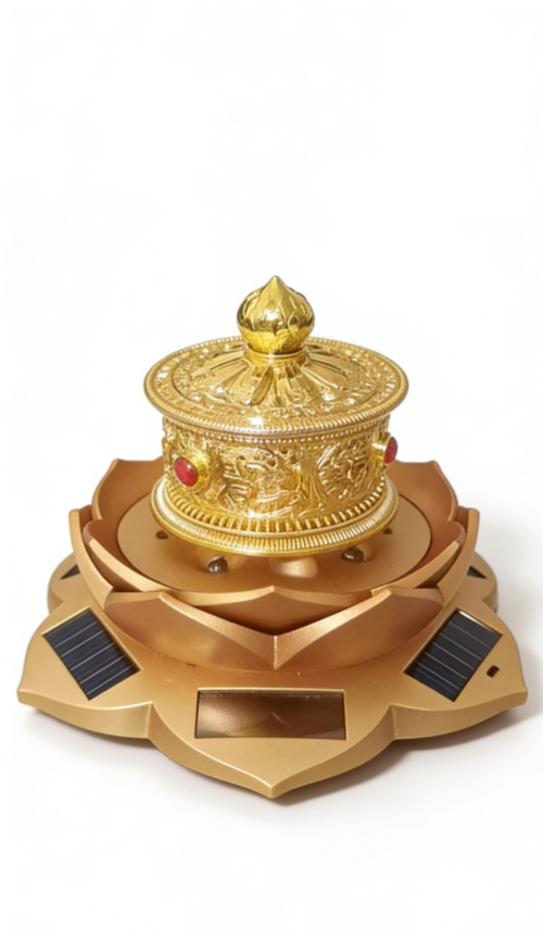 A solar-powered, lotus-shaped base with a golden prayer wheel (each rotation represents a blessing).