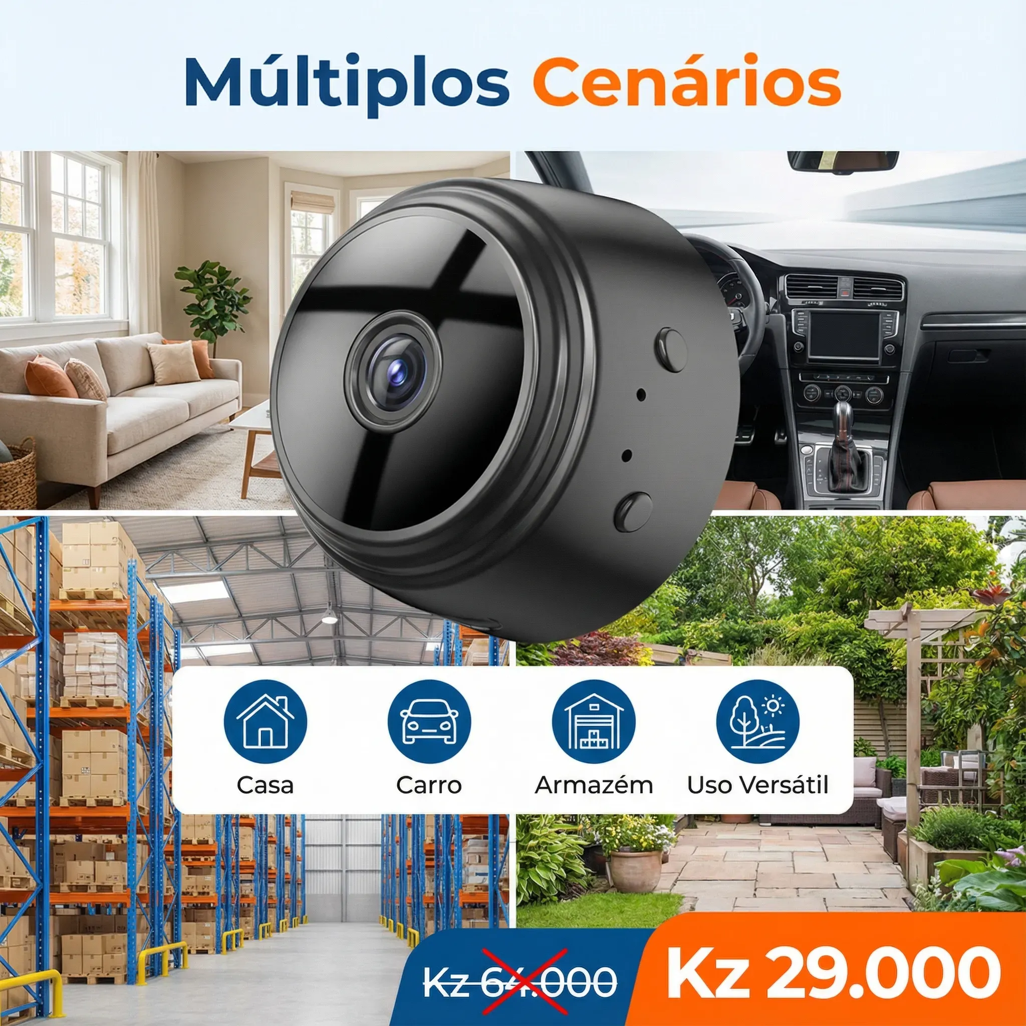 ⚠️ Proteja o que é seu – Luanda 🇦🇴 📸 Câmara A9 HD Grande Angular 👀 Ângulo amplo sem pontos cegos 🌙 Visão noturna clara 🏡 Interior & Exterior 🔒 Antirroubo 24 horas