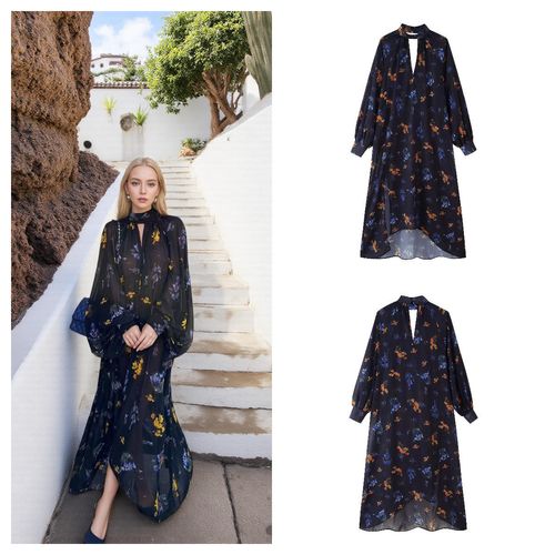 STYLE Women's Clothing European American New Casual Printed V-neck Floor-Length Long-Sleeved A-line
