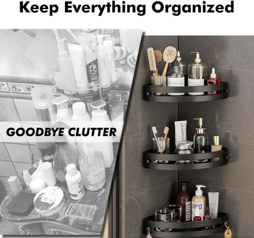 🧴 Pack Black Triangle Shower Caddy | Towels Hook + Tier Racks – Drill-Free Organizer for Bathroom! ✨