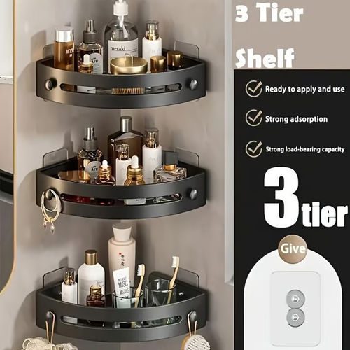 🧴 Pack Black Triangle Shower Caddy | Towels Hook + Tier Racks – Drill-Free Organizer for Bathroom! ✨