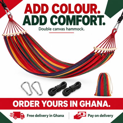 🌈✨ Your Favourite Spot Starts Here! 🛏️ Double Rainbow Hammock | 🧵 Thick Canvas, 🌳 Curved Solid-Wood Bars & 🔗 Reinforced Rope Eyes | 📏 200×100cm, 💪 250kg Capacity | 🎒 Carry Bag Included | 🏡 Home, 🌿 Garden, ⛺ Camping & 🏖️ Beach Breaks 🇬🇭