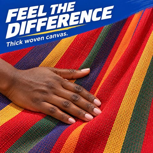 🌈✨ Your Favourite Spot Starts Here! 🛏️ Double Rainbow Hammock | 🧵 Thick Canvas, 🌳 Curved Solid-Wood Bars & 🔗 Reinforced Rope Eyes | 📏 200×100cm, 💪 250kg Capacity | 🎒 Carry Bag Included | 🏡 Home, 🌿 Garden, ⛺ Camping & 🏖️ Beach Breaks 🇬🇭