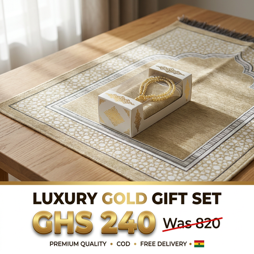 🇬🇭🔥 Ghana 🛏️ Premium Muslim Prayer Mat Set ✨🛏️ Beautiful 70x110cm rug ✨ With Tasbih beads 🌧️ Ideal for home, travel and daily prayer 💖 Luxury gift box 💨 Lightweight 🎒 Ideal for Eid, Ramadan and family 🌿