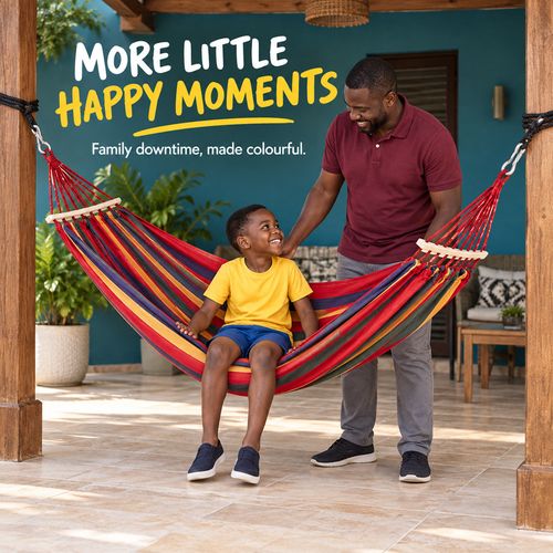 🌈✨ Your Favourite Spot Starts Here! 🛏️ Double Rainbow Hammock | 🧵 Thick Canvas, 🌳 Curved Solid-Wood Bars & 🔗 Reinforced Rope Eyes | 📏 200×100cm, 💪 250kg Capacity | 🎒 Carry Bag Included | 🏡 Home, 🌿 Garden, ⛺ Camping & 🏖️ Beach Breaks 🇬🇭