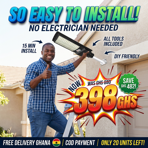 🇬🇭 Keep your home and yard safe tonight! 🚨🇬🇭 All-in-One Solar Street Light | No Electricity Needed ❌💰 | Waterproof & Lightning Protection 🌧️⚡ — Auto On at Dusk — Perfect for Home, Yard & Village 🏡