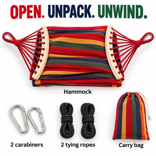🌈✨ Your Favourite Spot Starts Here! 🛏️ Double Rainbow Hammock | 🧵 Thick Canvas, 🌳 Curved Solid-Wood Bars & 🔗 Reinforced Rope Eyes | 📏 200×100cm, 💪 250kg Capacity | 🎒 Carry Bag Included | 🏡 Home, 🌿 Garden, ⛺ Camping & 🏖️ Beach Breaks 🇬🇭