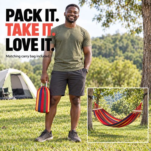 🌈✨ Your Favourite Spot Starts Here! 🛏️ Double Rainbow Hammock | 🧵 Thick Canvas, 🌳 Curved Solid-Wood Bars & 🔗 Reinforced Rope Eyes | 📏 200×100cm, 💪 250kg Capacity | 🎒 Carry Bag Included | 🏡 Home, 🌿 Garden, ⛺ Camping & 🏖️ Beach Breaks 🇬🇭