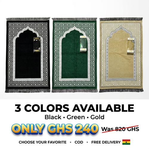 🇬🇭🔥 Ghana 🛏️ Premium Muslim Prayer Mat Set ✨🛏️ Beautiful 70x110cm rug ✨ With Tasbih beads 🌧️ Ideal for home, travel and daily prayer 💖 Luxury gift box 💨 Lightweight 🎒 Ideal for Eid, Ramadan and family 🌿