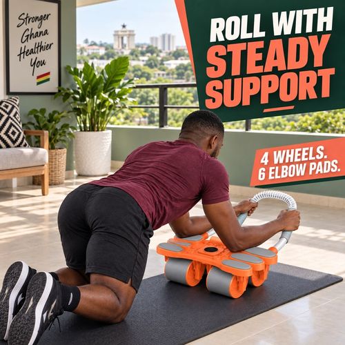 🇬🇭🔥 Your Home Workout Starts Here! 💪 4-Wheel Auto-Rebound Ab Roller | 6 Large Foam Elbow Pads ☁️ Phone Holder 📱 Quiet Rolling, Tyre-Style Grip & Quick Click-In Setup ⚡