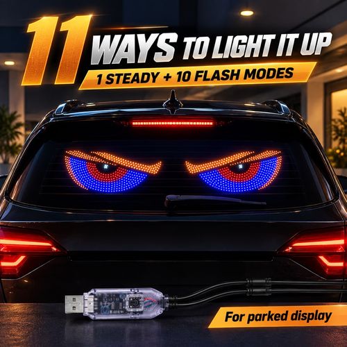 🔥 Give Your Ride Attitude! 👀 Dynamic LED Devil Eyes Pair | 11 Modes, 5V USB, One-Button Control & 4m Cable | Adhesive Window Decor for Parked Displays 🚘 Red + Amber + White | Blue