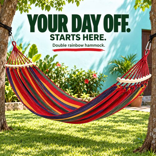 🌈✨ Your Favourite Spot Starts Here! 🛏️ Double Rainbow Hammock | 🧵 Thick Canvas, 🌳 Curved Solid-Wood Bars & 🔗 Reinforced Rope Eyes | 📏 200×100cm, 💪 250kg Capacity | 🎒 Carry Bag Included | 🏡 Home, 🌿 Garden, ⛺ Camping & 🏖️ Beach Breaks 🇬🇭