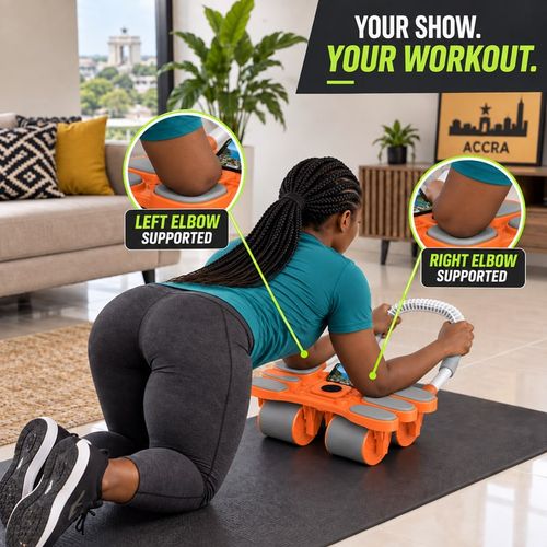 🇬🇭🔥 Your Home Workout Starts Here! 💪 4-Wheel Auto-Rebound Ab Roller | 6 Large Foam Elbow Pads ☁️ Phone Holder 📱 Quiet Rolling, Tyre-Style Grip & Quick Click-In Setup ⚡
