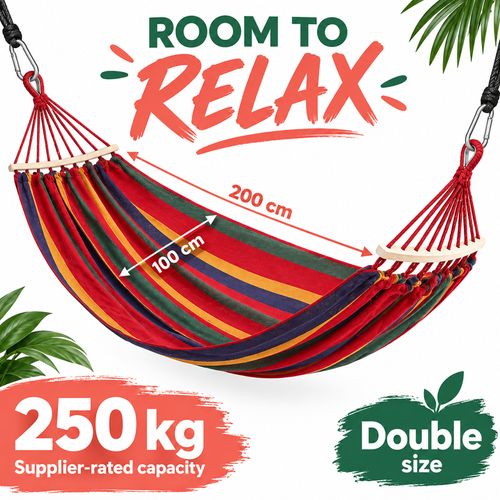 🌈✨ Your Favourite Spot Starts Here! 🛏️ Double Rainbow Hammock | 🧵 Thick Canvas, 🌳 Curved Solid-Wood Bars & 🔗 Reinforced Rope Eyes | 📏 200×100cm, 💪 250kg Capacity | 🎒 Carry Bag Included | 🏡 Home, 🌿 Garden, ⛺ Camping & 🏖️ Beach Breaks 🇬🇭