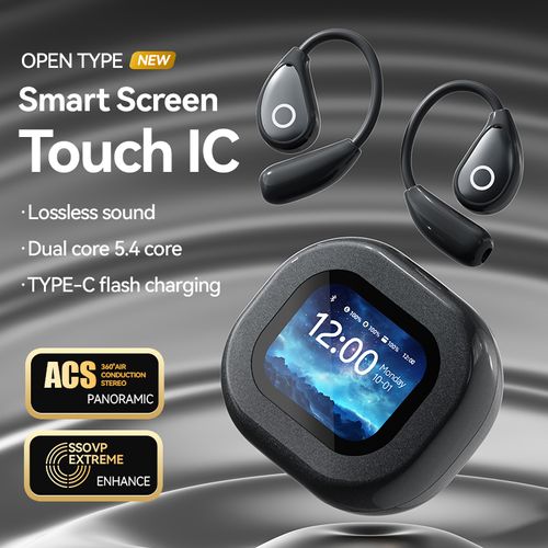 Open-Ear TWS Headphones with LCD Touch Screen, 60H Battery & Directional Sound (Bluetooth 5.4)